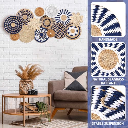 Xuhal 15 Pcs Boho Wall Basket Decor Handcrafted Seagrass Woven Wall Basket Rustic Round Woven Hanging Art for Home Farmhouse Kitchen Table Living Room(Blue Classic Style) - style: Blue Classic Style