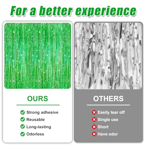 Crosize 2 Pack 3.3 x 9.9 ft Laser Green Foil Fringe Curtains Party Decorations,Tinsel Curtain Backdrop for Parties, Door Streamers, Glitter Streamer Backdrop for Birthday Decoration - color: Laser Green, size: 2 Pack