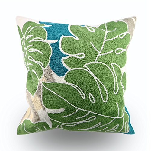 Embroidery Throw Pillow Cover 18x18 Decor Tropical Leaves Floor Pillow Cover for Couch Chair Bed Room 100% Cotton Cushion Cover 45x45cm Pillowcase, Green Leaf Plant Embroidered, Pack of 4 - color: Leaf Set 4