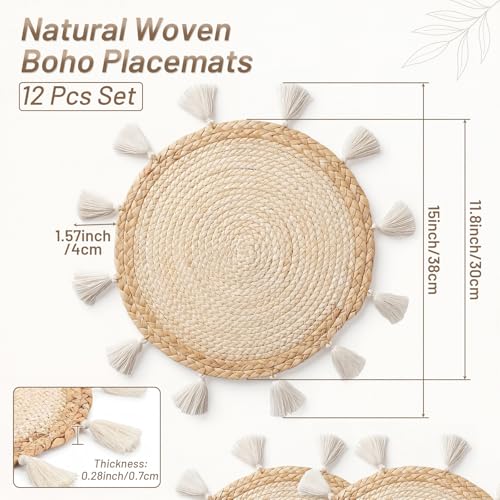 12 Pcs Round Boho Placemats 12 Inch Woven Wicker Placemat Boho Wall Basket Decor Macrame Table Mats Farmhouse Style Wall Hanging Decor for Dining Table Settings Kitchen Wedding Summer Decors