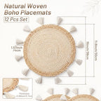 12 Pcs Round Boho Placemats 12 Inch Woven Wicker Placemat Boho Wall Basket Decor Macrame Table Mats Farmhouse Style Wall Hanging Decor for Dining Table Settings Kitchen Wedding Summer Decors