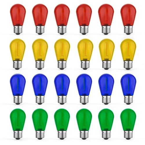 GvvooHome 24 Pack LED S14 Colored Light Bulbs for Outdoor String Lights, Shatterproof 1W Replacement Bulbs for Patio Lights, Dimmable, 2200K Warm White, E26 Base, Multi-Color: Red/Blue/Yellow/Green - color: Multi-colored, size: 24 Pack