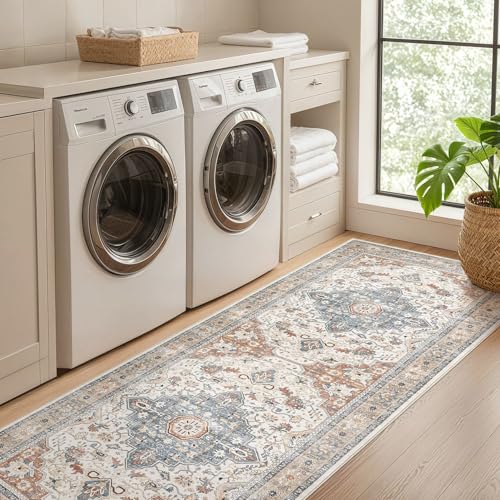 Runner Rug Kitchen Washable Rugs: 2x6 Non-Slip Boho Vintage Distressed Stain Resistant Indoor Neutral Farmhouse Throw Carpet for Hallway Bathroom Laundry Room Entryway Bedroom- Beige Blue - color: Beige Blue, size: 2' x 6' (Runner)