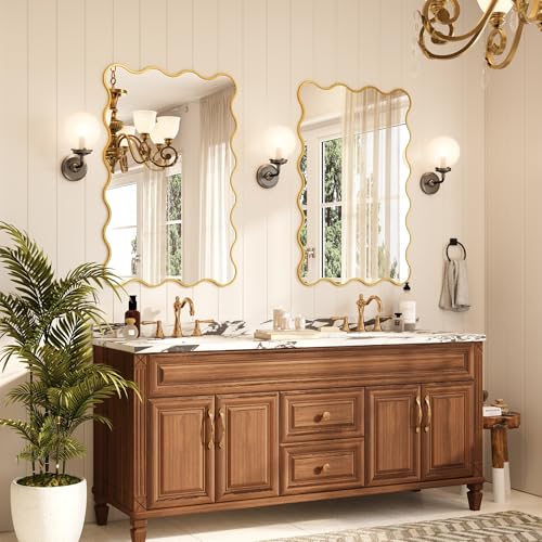 Kelly Miller 32x48 Inch Gold Scalloped Mirror, Large Rectangular Wavy Edge Bathroom Vanity Wall Mirror Decorative for Bedroom Living Room Entryway Fireplace Mantle - size: 48"L x 32"W