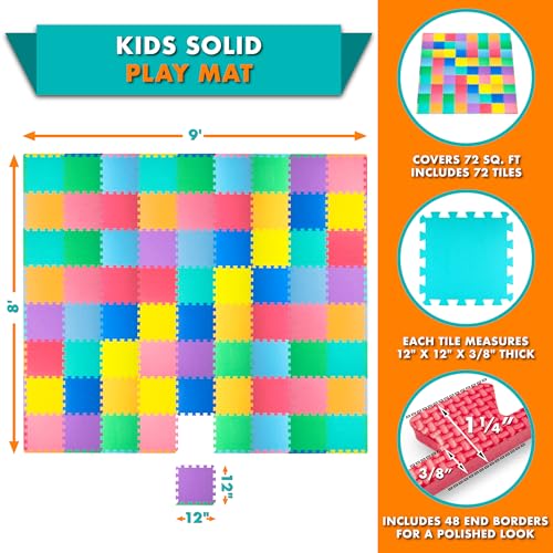 ProSource Baby Play Mat, Soft Foam Floor Tiles for Kids, Interlocking EVA Panels for Playpen Use, Crawling Development Surface, Safe Non-Toxic Toddler Flooring, 72 Tiles, Multicolor - color: Multicolor, size: 72 Tiles