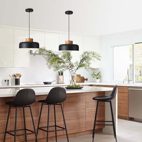 Modern Farmhouse Pendant Lights, 12.6 inch,Natural Wood Cap, Small Simple Ceiling Light Fixture for Kitchen Island, Dining Area, Matte Black - color: Black, size: 12.6 inches