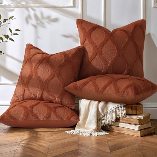 decorUhome Summer Set of 4 Rust Throw Pillow Covers 20x20 Inch, Neutral Decorative Soft Plush Faux Wool Couch Pillow Covers, Farmhouse Pillow Cases for Living Room Bed Sofa - color: Rust, size: 20" x 20" (Pack of 4)