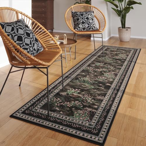 Rugcomf 2x6 Runner Rug Impressionist-Style Vintage Kitchen Rugs Non Slip Washable Soft Carpet Runner for Kitchen Laundry Bedroom Bathroom, Black - color: Black, size: 2' x 6' (Rectangular)