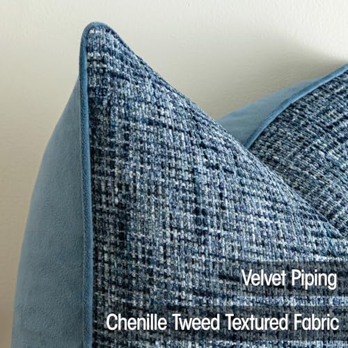 a moment Blue Reversible Pillow Covers 2 Pack - Farmhouse Chenille Velvet Throw Pillows, Neutral Textured Decorative Throw Pillow Covers with Border for Couch Sofa Bed (16x16 Inch, No Insert) - color: Blue, size: 16" x 16" (Pack of 2)