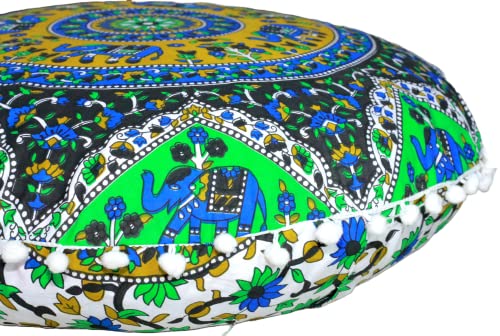 Round Mandala Floor Pillow Cover Seating Cushion Throw Cover Ottoman Pouf Cover Pom Pom Pillow Cases Hippie Decorative Bohemian Boho Indian 22 Inches (Green Blue) - color: Green Blue
