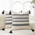 Boho Throw Pillow Covers with Tassels Woven Set of 2, 18x18 Inch Striped Textured Couch Throw Pillows for Couch Bed Sofa Bedroom Modern Funky (Black, 18"x18"(Pack of 2)) - color: Black