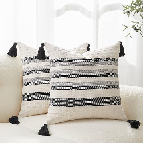 Boho Throw Pillow Covers with Tassels Woven Set of 2, 18x18 Inch Striped Textured Couch Throw Pillows for Couch Bed Sofa Bedroom Modern Funky (Black, 18"x18"(Pack of 2)) - color: Black