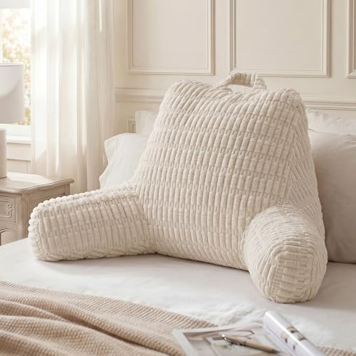 Blissful Diary Reading Pillow, Backrest Pillow with Shredded Memory Foam for Adult & Children, Designed for Bed and Couch Sitting Up, Includes Arms, Pockets and Washable Cover, Off White - color: Textured Off White, size: Standard(18inch)
