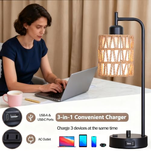 Rattan Table Lamps Set of 2, Boho Desk Lamps with USB Charging Ports and Outlet, Bohemian Bedside Lamps with Rattan & Linen Shade, Farmhouse Black Lamp for Living Room Bedroom Office