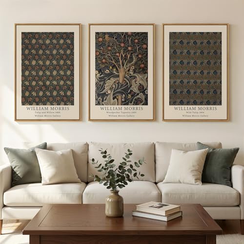 Framed Vintage William Morris Canvas Wall Art Set of 3, Nature Rustic Botanical Artwork for Walls, Retro Classic Floral Illustrations Paintings Pictures for Living Room, Bedroom, Dining Room, Hallway, Office Wall Decor, Total Size 30x60 in - color: Green-