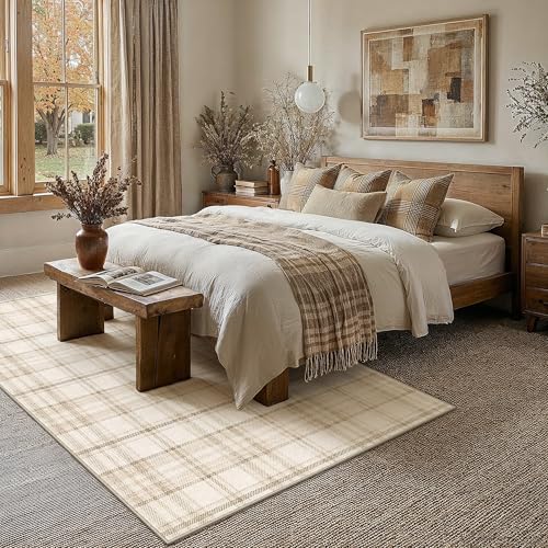 5x7 Beige Area Rug for Living Room Bedroom Machine Washable Low Pile Checkered Carpet Modern Accent Soft Non Slip Rug for Dining Room Nursery Office Indoor - color: Beige, size: 5' x 7' (Rectangular)