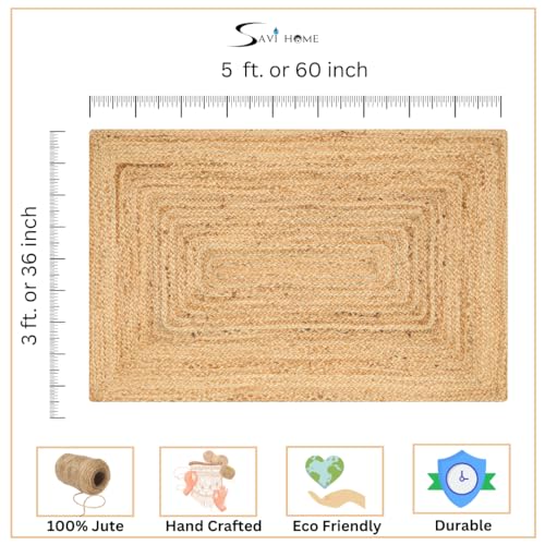 Savi Home Natural Jute Rug 3x5 Ft – Handwoven Braided Area Rug for Kitchen, Living Room & Bedroom – Eco-Friendly, Durable, Washable Woven Floor Mat – 36x60 Inch Rustic Farmhouse Décor - color: Natural, size: 3' x 5' (Rectangular)