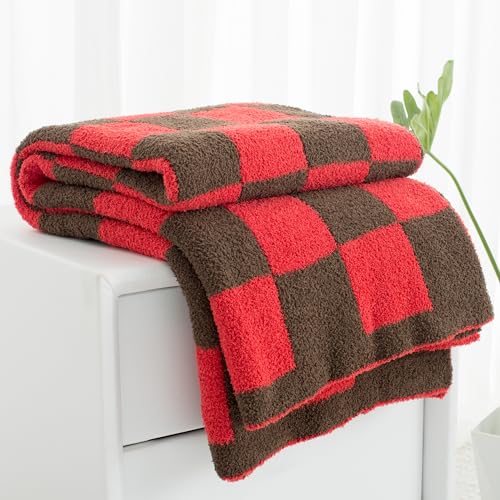 Carriediosa Checkered Throw Blanket 50" X 60", 400GSM Ultra Soft Microfiber Fuzzy Fluffy Reversible Cute Preppy Knitted Blankets Cozy Plush Fall Throws for Couch, Bed, Sofa, Red and Brown - color: Check - Red and Brown, size: 50" X 60"
