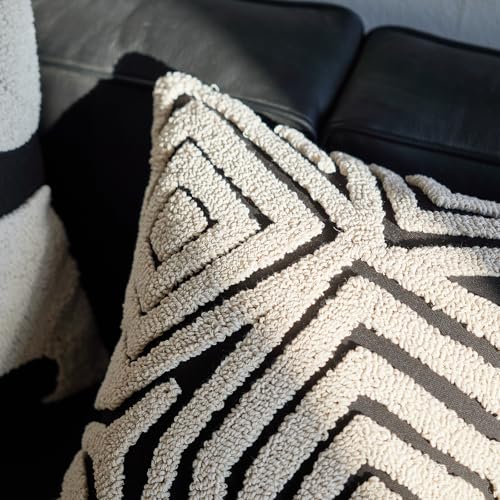 Retro Random Embroidery Stripe Throw Pillow Cover，Black White Boho Abstract Tufted Decorative Pillow Case，Neutral Aesthetic Modern Woven Sham for Bed Couch Living Room, 18x18 inches,1PCs - color: Black-a