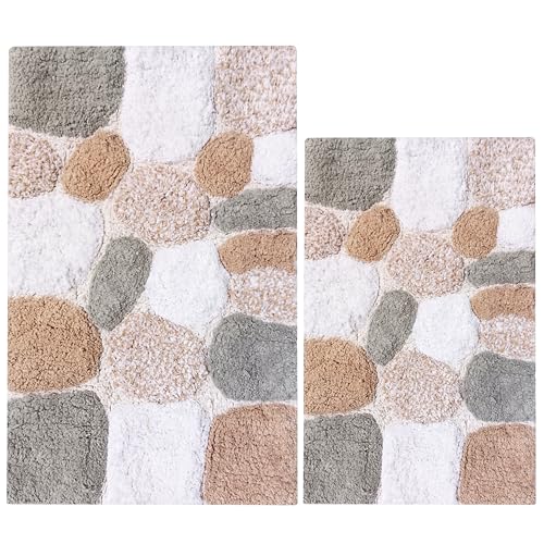 Ramanta Home Pure Cotton Pebble Stone Bathroom Mat Set of 2 - Grey Beige, Super Soft Anti Skid Absorbent Bath Rug Set for Bathroom, Kitchen, Machine Washable Bathrugs - 21x32 & 17x24 Inch - color: Grey Beige, size: 21" x 32" & 17" x 24" (Set of 2)
