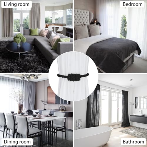BEL AVENIR Magnetic Cotton Curtain Tiebacks, Decorative Drapery Holdbacks Modern Woven Tie-Backs with Exquisite Knot (Black Cotton, 2 Pack) - color: Black Cotton, size: 2 Pack