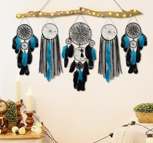5 Pack Black Teal Dream Catchers Wall Decor Moon and Sun Feather Handmade Traditional Dreamcatchers Large Boho Macrame Wall Hanging for Bedroom Adult Native American Decor Bohemian Decorations - color: Black Teal