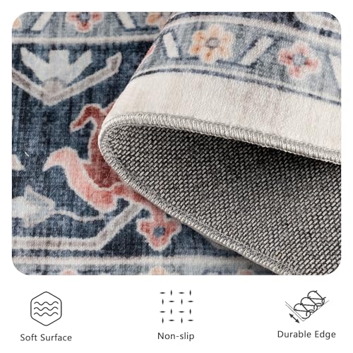 5x7 Area Rugs - Washable Rug Vintage Distress Boho Medallion Rugs for Living Room, Soft Non-Slip Backing Low Pile Carpet for Bedroom Dining Room Office Nursery Dorm Home, Blue Beige Orange - color: D-navy Blue/Beige/Orange, size: 5' x 7' (Rectangular)