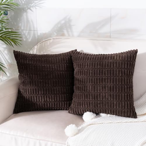 Pack of 2 Corduroy Decorative Throw Pillow Covers 18x18 Inch Soft Boho Striped Pillow Covers Modern Farmhouse Home Decor for Sofa Living Room Couch Bed Dark Brown - color: Brown, size: 18" x 18" (Pack of 2)