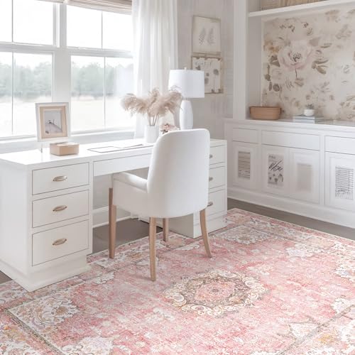 Pink Rug 3'x5',Washable Area Rugs for Bedroom Living Room Kitchen Entryway Bedside,Small Boho Vintage Bohemian Distressed Oriental Non Slip Carpet,Blush Floral Flowers - color: Pink, size: 3'x5'