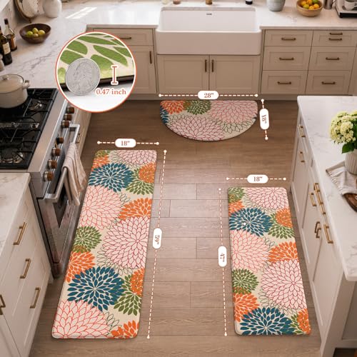 KIMODE Kitchen Mats for Floor Cushioned Anti Fatigue,Floral Farmhouse Kitchen Runner Rug Sets of 3 Non Slip,Waterproof Memory Foam Kitchen Carpet Runner Decor for Sink Laundry Bathroom,Colorful - color: Colorful, size: 18" x 28"+18" x 47"+18" x 59"-0.47 i