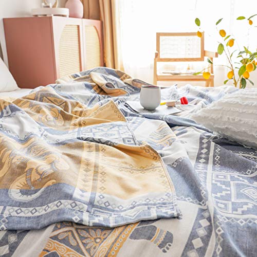 MEJU Elephant Check Geometric Muslin Lightweight Summer Blanket for Bed Sofa Couch, 100% Combed Cotton 2 Layer Soft Warm Quick Dry Throw Blanket Bed Coverlet Sheet Blue F/Q 80 in X 90 in - color: Elephant Blue, size: F/Q 80 in x 90 in