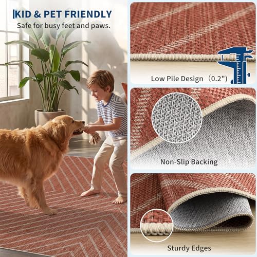 Garvee Washable 5x7 Rug, Easy Jute Terracotta Rugs for Living Room, Indoor Striped Rug for Bedroom, Outdoor Farmhouse Non-Slip Dining Room Mat Modern Carpet Area Rug for Patio Home Office 5'x7' - color: Striped|terracotta, size: 5' x 7' (Rectangular)