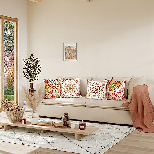 Bonhause Summer Boho Pillow Covers 18 x 18 Bohemian Floral Orange Decorative Pillows for Couch Sofa Bed Home Patio Decor Set of 4 - color: Orange & Green, size: 18" x 18" (Pack of 4)