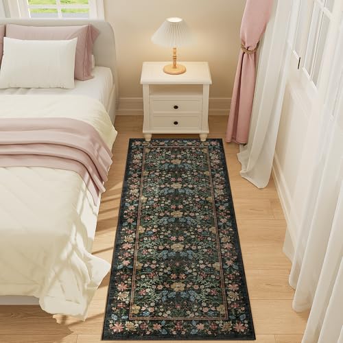 DUKINO 2x5 Washable Runner Rug, Floral Non Slip Bathroom Rugs with Soft Low Pile Design, Lightweight Non-Shedding Carpet Runner for Bathroom, Kitchen, Hallway, Bedroom, Laundry, Black - color: Black, size: 2' x 5' (Rectangular)