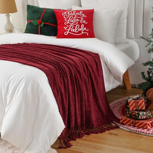 BATTILO HOME Burgundy Chenille Throw Blanket, Decorative Red Knit Throw with Fringe, Lightweight for Christmas Decor, 50"x60" - color: Burgundy