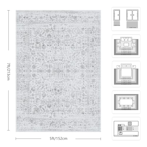 5x7 Area Rugs, Washable Vintage Retro Floral Rug for Living Room, Low Pile Non Slip Distressed Large Carpet for Bedroom, Dining Room, Office, Home (Grey) - color: A-grey, size: 5' x 7' (Rectangular)