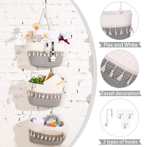 SiliFine Over the Door Hanging Basket Boho Woven Wall Hanging Baskets 3-Tier Cotton Wall Mounted Storage Organizer Bag Macrame Decorative for Kitchen Laundry Room Stairs(Gray, White) - color: Gray, White