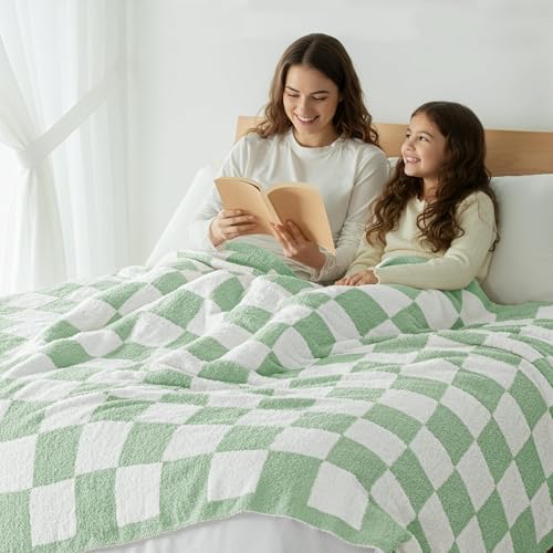 Exclusivo Mezcla Checkered Twin Size Knit Blanket for Bed, Ultra Soft and Warm Reversible Woven Blankets, Cozy Snuggly Throw for Couch Bed and Home Decor, Sage Green, 60"x80" - color: Sage Green, size: Twin (60"x80")