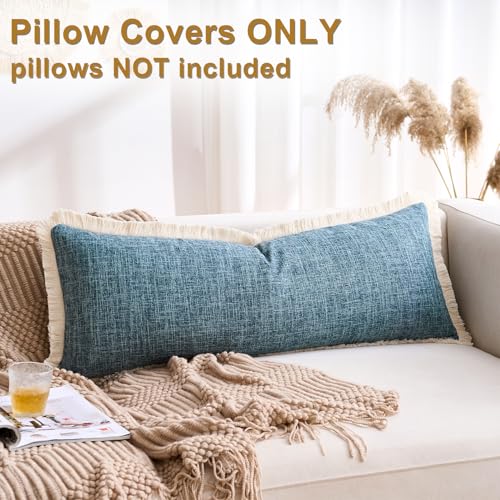 14x36 Pillow Covers Farmhouse Long Blue Boho Faux Linen Decorative Fringed Rustic Woven Textured Burlap Lumbar Pillow Covers for Bed Sofa Bedroom Living Room Home Decor Cushion Cover Pack of 1 - color: Blue, size: 36" x 14" (Pack of 1)