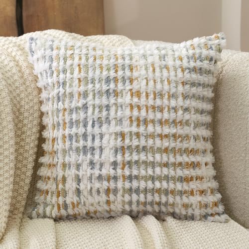 Aeckself Boho Chenille Tufted Pillow Cover 18 x 18 Inch, Decorative Square Throw Pillow Cover Neutral Pillowcase for Couch Bedroom Living Room, Yellow White - color: Yellow White, size: 18" x 18" (Pack of 1)