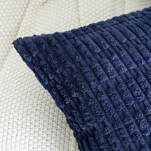 Corduroy Decorative Throw Pillow Covers 18x18 Inch Set of 2, Soft Striped Boho Pillow Covers Modern Farmhouse Home Decor for Couch Sofa Living Room Bed Neutral Dark Blue - color: Navy Blue, size: 18" x 18" (Pack of 2)