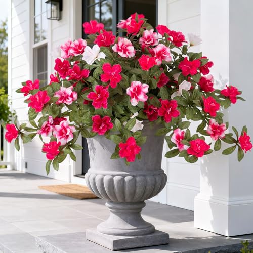 Ammyoo Artificial Fake Azalea Flowers for Outdoor Spring Decoration, Faux Silk Flower for Summer UV Resistant Look Real Plants for Garden Yard Porch Walkway Indoor Decor, 2PCS - color: Rose Pink White