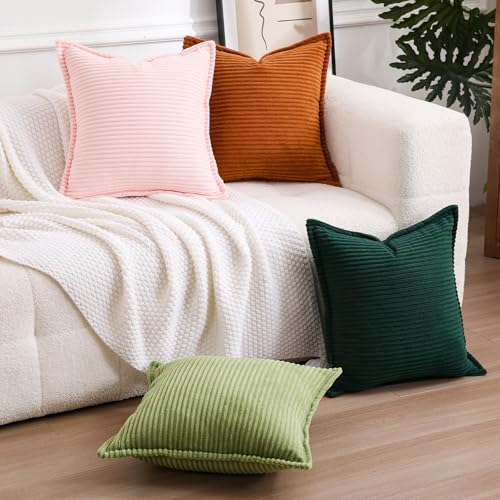 Corduroy Dark Green Throw Pillow Covers Set of 2 Striped Boho Decorative with Edge Design,Super Soft Throw Pillow Cushion Covers for Couch Sofa Living Room Solid Square 18×18inch/45cm×45cm - color: Dark Green, size: 18" x 18" (Pack of 2)