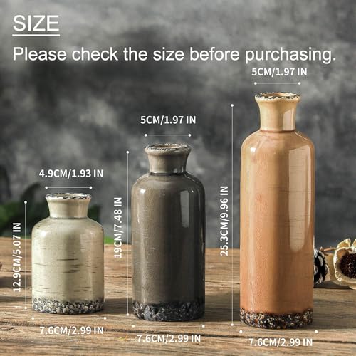 Ceramic Vase Set of 3, Neutral Flower Vases Home Decor, Pottery Rustic Farmhouse Decorative Vases Modern Decor for Table Mantel Entryway Bookshelf Living Room Kitchen Bedroom - Brown - color: 007 Rustic - Brown