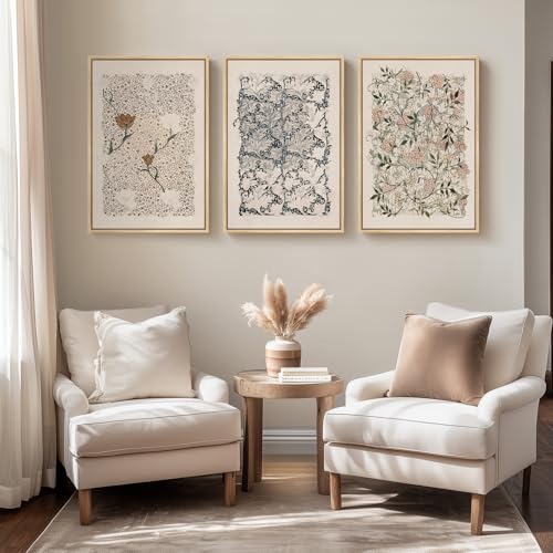 Framed William Morris Canvas Wall Art for Living Room, Set of 3 Large Neutral Floral Botanical Prints, Vintage Rustic Boho Pictures for Bedroom Hallway Office, 16x24 Inch - color: Neutral Floral, size: 16"W x 24" H x 3Pcs
