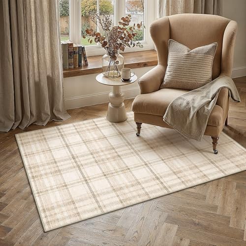 3x5 Beige Area Rug for Entryway Machine Washable Low Pile Checkered Mat Modern Accent Soft Non Slip Small Carpet for Entrance Bathroom Bedroom Indoor - color: Beige, size: 3' x 5' (Rectangular)