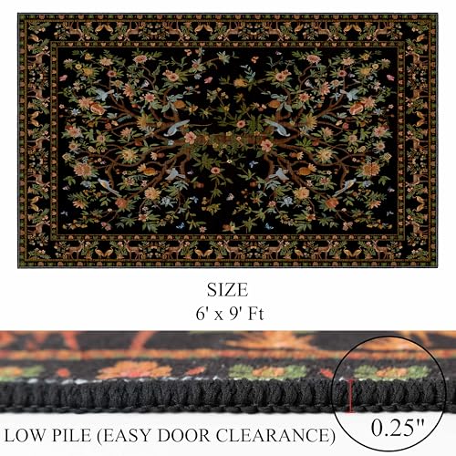 Black 6x9 Area Rugs, Machine Washable Non-Slip Rug, Boho Floral Botanical Soft Low Pile Throw Rugs for Living Room, Bedroom, Dining Room, Office - color: Black, size: 9' x 6' (Rectangular)