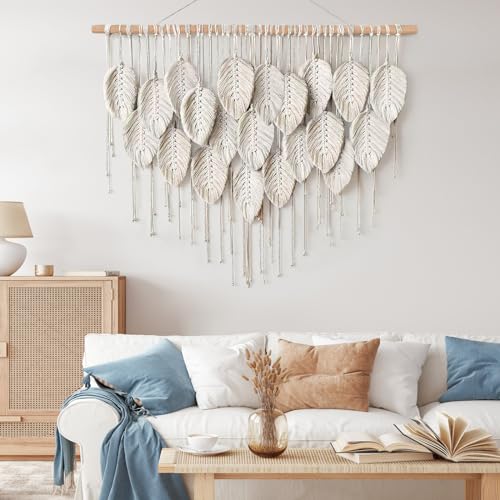 LOMOHOO Macrame Wall Hanging Boho Beige Leaves Tapestry Bohemian Handmade Woven Wall Art Decoration for Bedroom Living Room Apartment Dorm Gallery Perfect Handmade Gift Ideas - color: Beige-39" W x 28.3" L