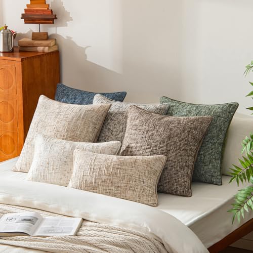 a moment Blue Reversible Pillow Covers 2 Pack - Farmhouse Chenille Velvet Throw Pillows, Neutral Textured Decorative Throw Pillow Covers with Border for Couch Sofa Bed (22x22 Inch, No Insert) - color: Blue, size: 22" x 22" (Pack of 2)