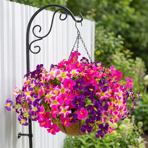 2 Set Artificial Outdoor Petunias Flowers with Hanging Baskets, 24 Pcs UV Resistant Faux Petunias Flowers with Hanging Planter for Front Door Porch Spring Outside Decor (2, RoseRed,RedViolet) - color: Rosered,redviolet